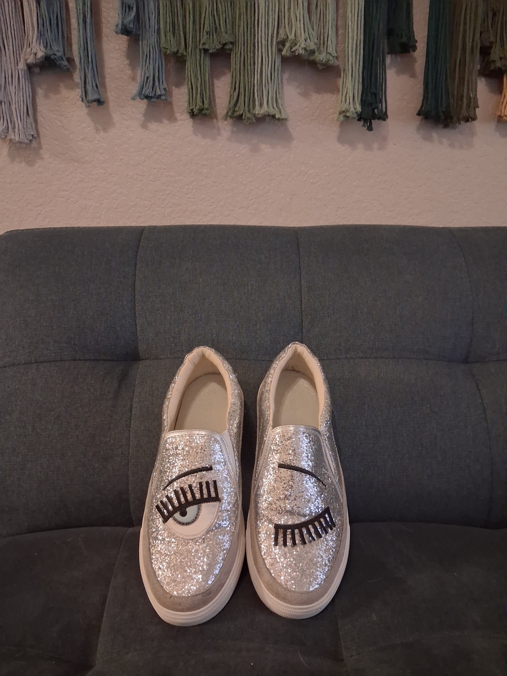 Glitter Slip-On Shoes with Playful Eye Design - Silver
